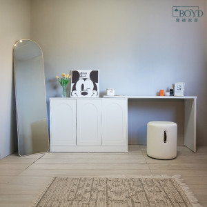 【BOYD】純白之境 自由伸縮L型轉角化妝桌80/120+100櫃｜L型多功能桌櫃 延伸桌 按壓式 斗櫃 置物櫃 轉角櫃